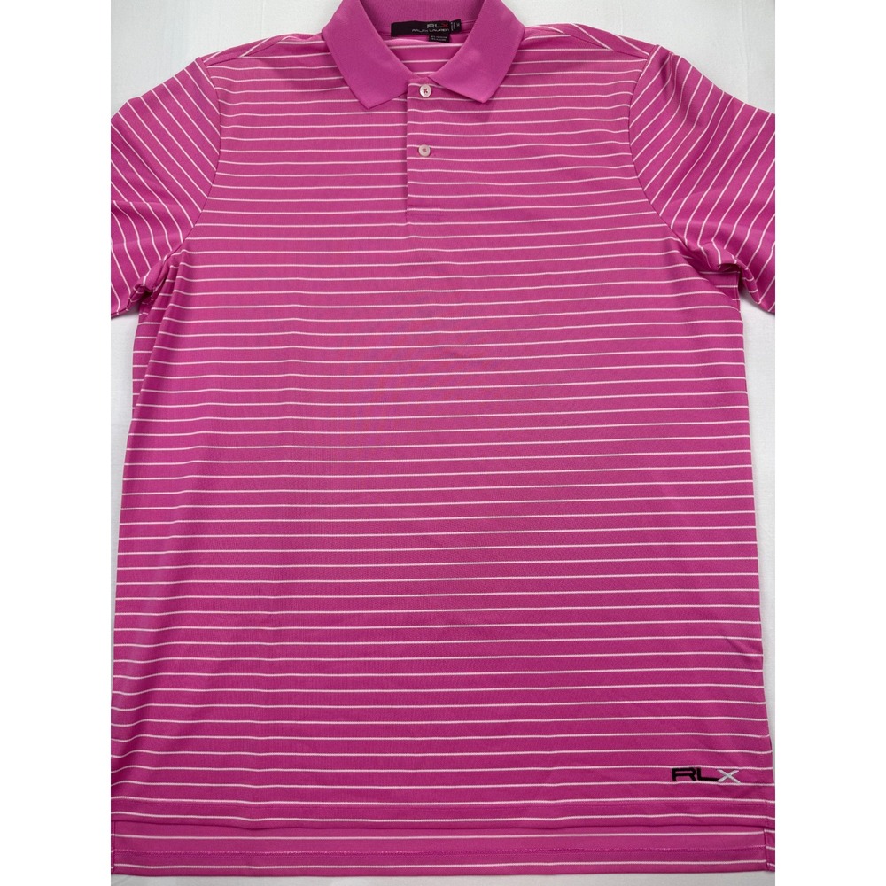 RLX Ralph Lauren Polo Shirt Medium Pink Striped Short Sleeve Golf Performance